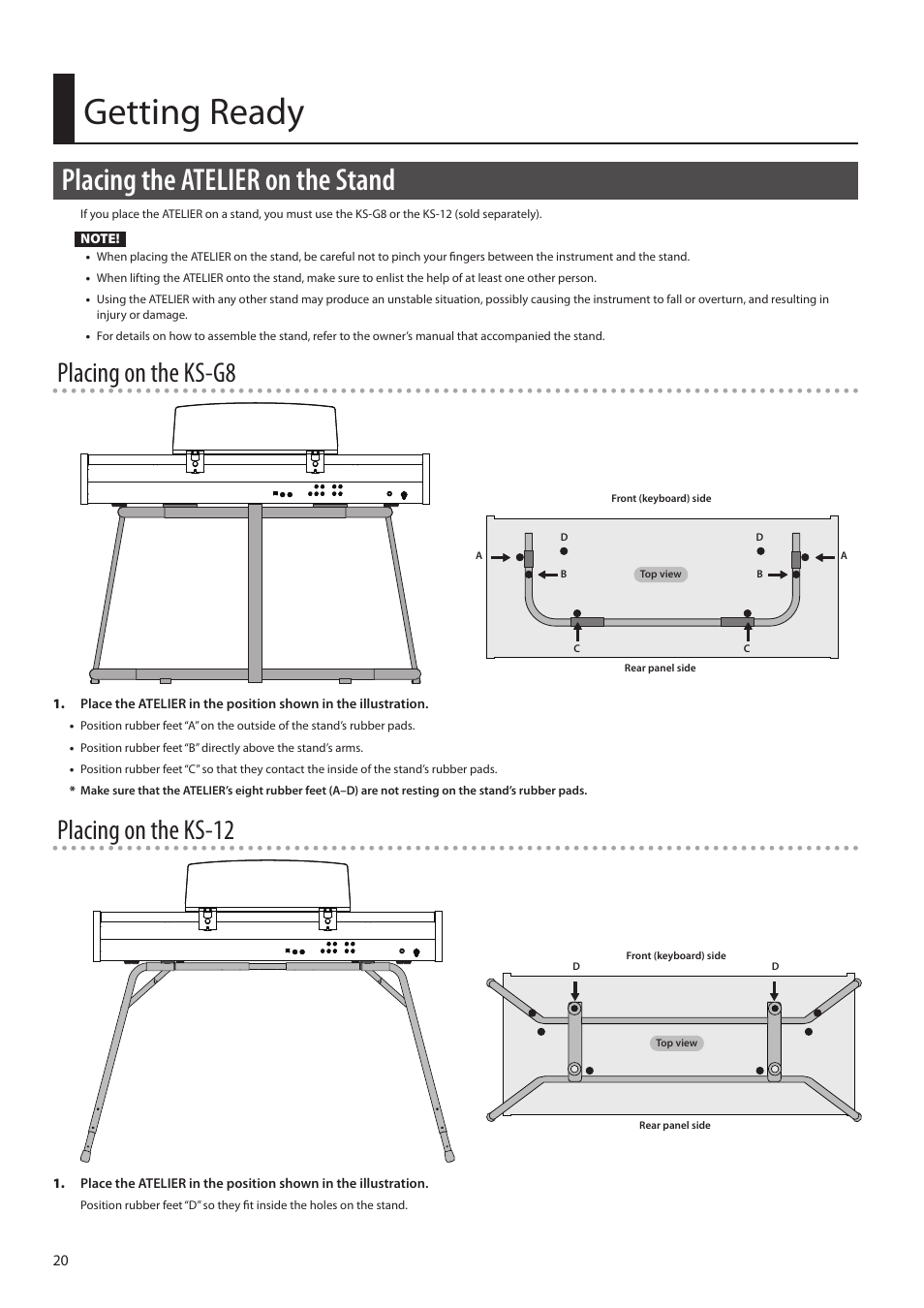 Getting ready, Placing the atelier on the stand, Placing on the ks-g8 | Placing on the ks-12 | Roland ATELIER Combo AT-350C User Manual | Page 20 / 132