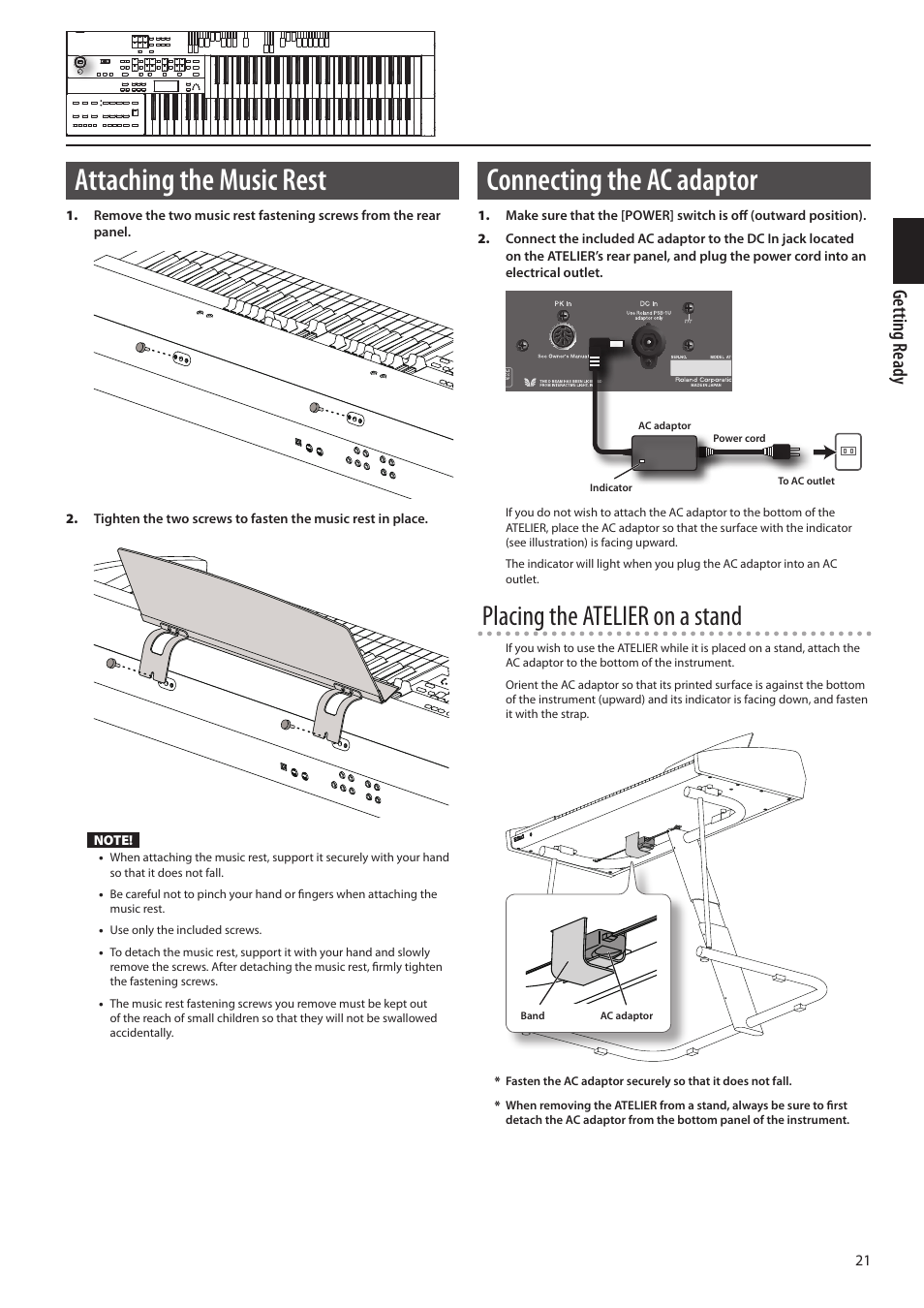 Attaching the music rest, Connecting the ac adaptor, Placing the atelier on a stand | Getting ready | Roland ATELIER Combo AT-350C User Manual | Page 21 / 132