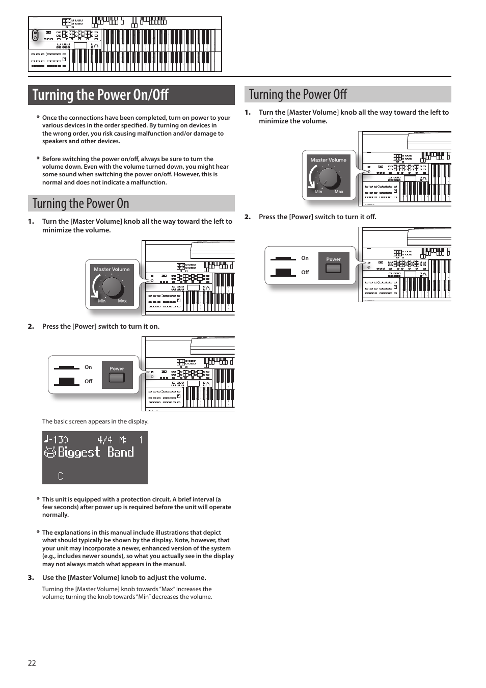 Turning the power on/off, Turning the power on, Turning the power off | Roland ATELIER Combo AT-350C User Manual | Page 22 / 132