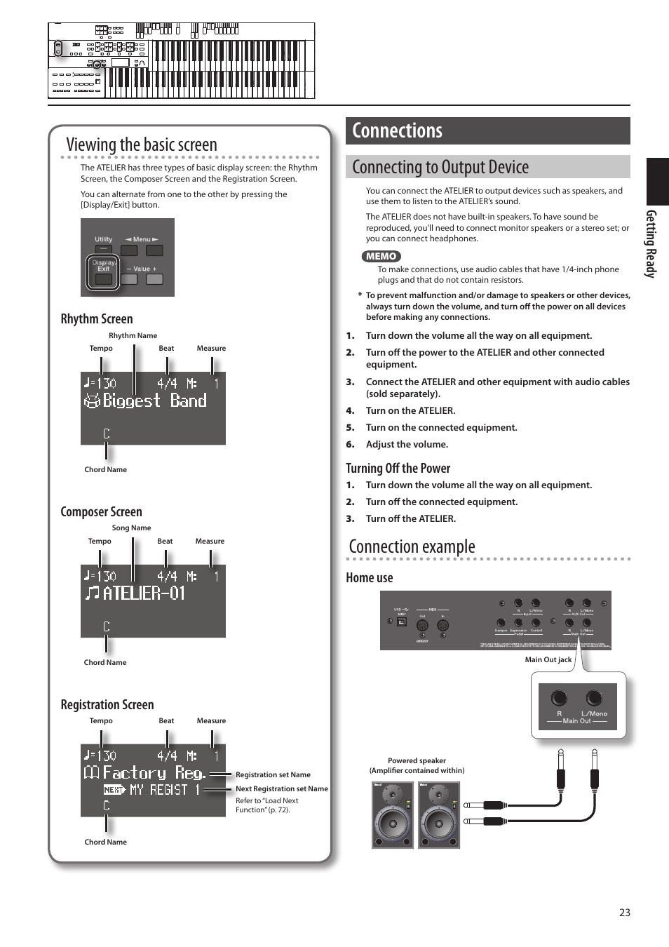 Connections, Viewing the basic screen, Connecting to output device | Connection example, Getting ready, Rhythm screen, Composer screen, Registration screen, Turning off the power, Home use | Roland ATELIER Combo AT-350C User Manual | Page 23 / 132