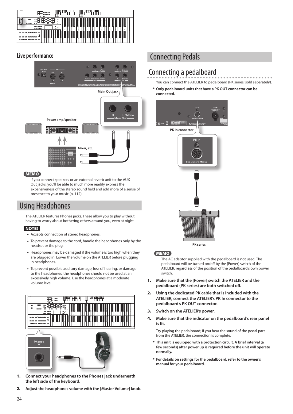 O this socket (p. 24), Using headphones, Connecting pedals connecting a pedalboard | Live performance | Roland ATELIER Combo AT-350C User Manual | Page 24 / 132
