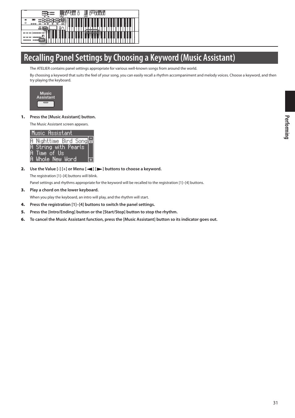 On (p. 31), Per forming | Roland ATELIER Combo AT-350C User Manual | Page 31 / 132