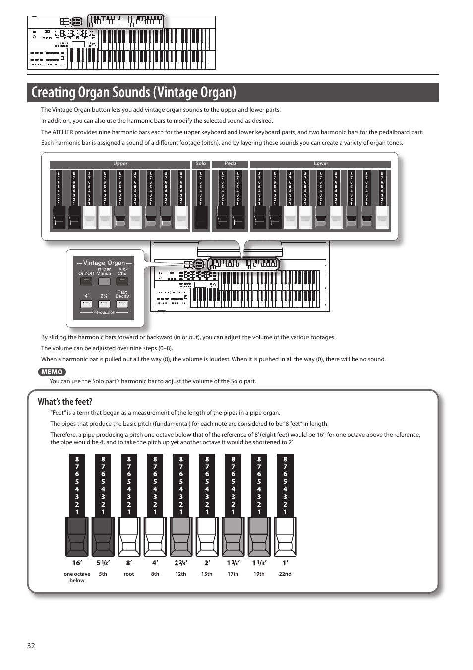 Ons (p. 32), Harmonic bars (p. 32), Creating organ sounds (vintage organ) | What’s the feet | Roland ATELIER Combo AT-350C User Manual | Page 32 / 132