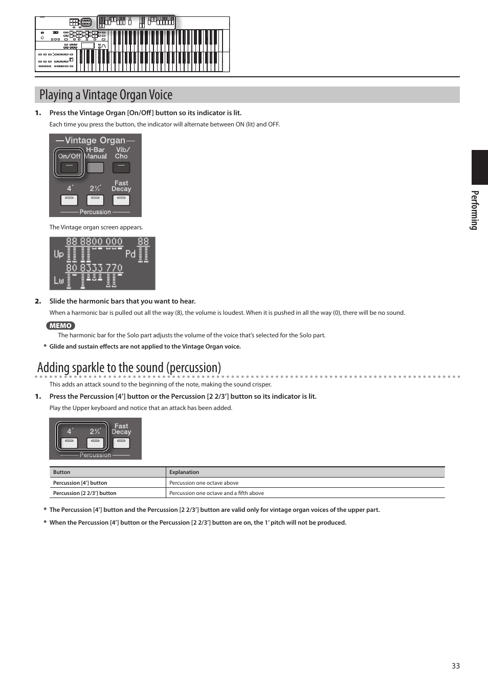 Playing a vintage organ voice, Adding sparkle to the sound (percussion), Per forming | Roland ATELIER Combo AT-350C User Manual | Page 33 / 132