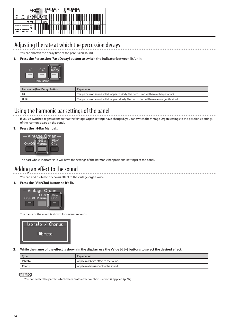 Adjusting the rate at which the percussion decays, Using the harmonic bar settings of the panel, Adding an effect to the sound | Roland ATELIER Combo AT-350C User Manual | Page 34 / 132