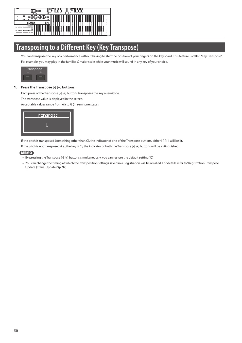 Ons (p. 36), Transposing to a different key (key transpose) | Roland ATELIER Combo AT-350C User Manual | Page 36 / 132