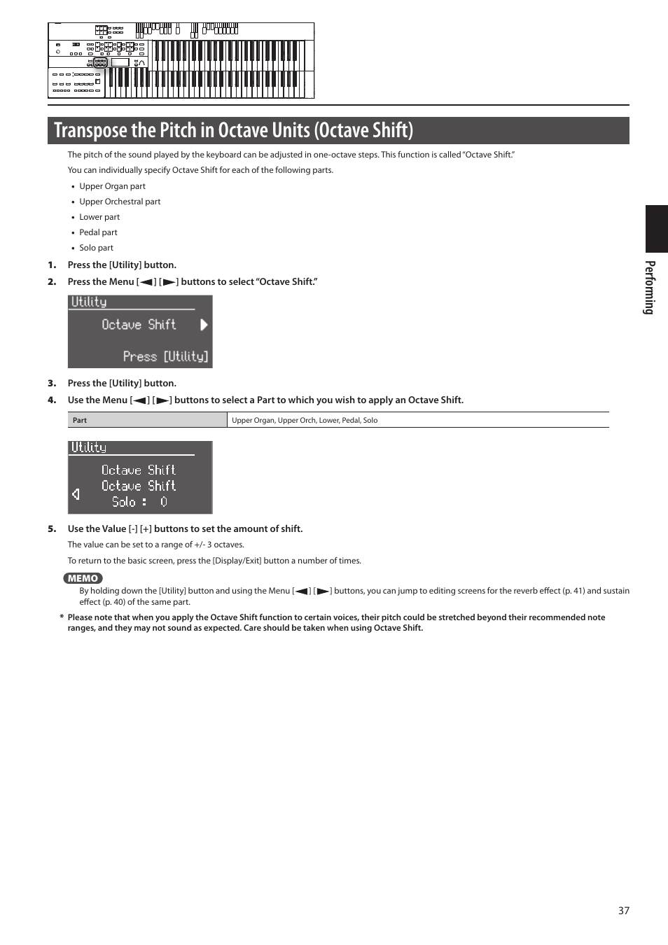 Transpose the pitch in octave units (octave shift), Per forming | Roland ATELIER Combo AT-350C User Manual | Page 37 / 132