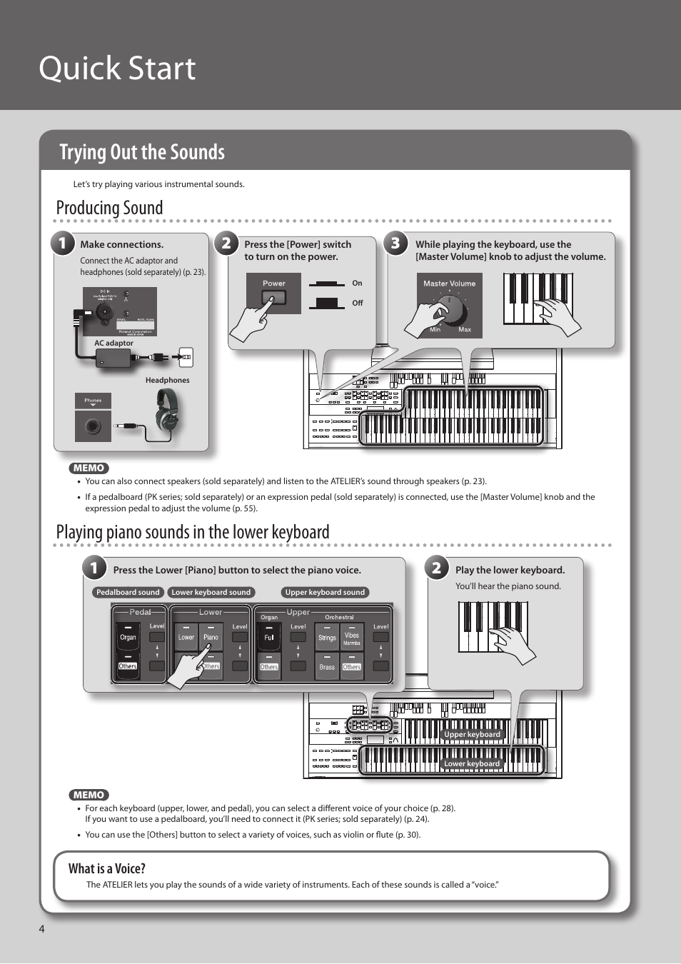 Quick start, Trying out the sounds, Producing sound | Playing piano sounds in the lower keyboard, What is a voice | Roland ATELIER Combo AT-350C User Manual | Page 4 / 132