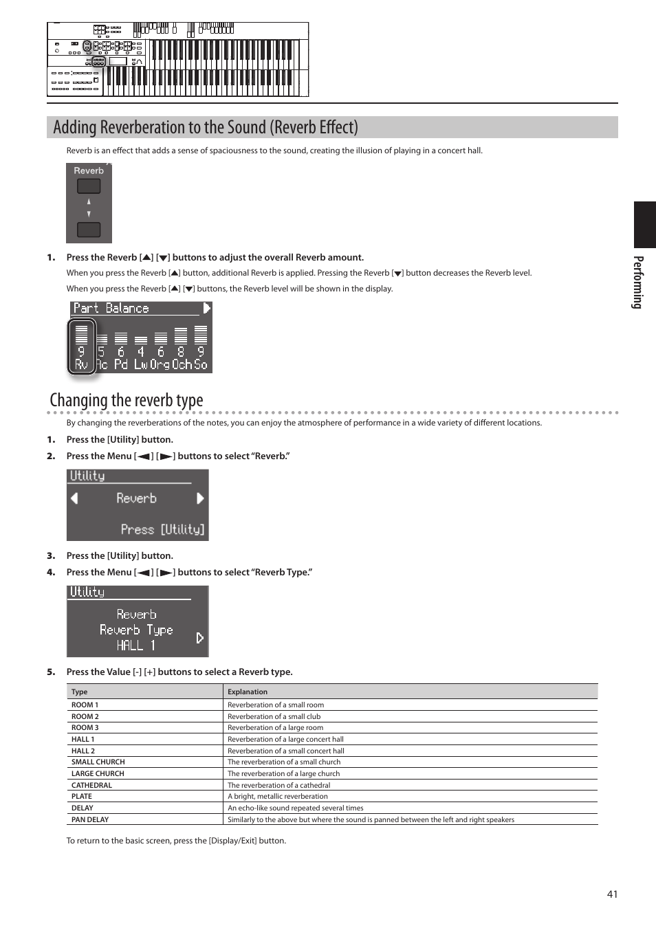 Ons (p. 41), Adding reverberation to the sound (reverb effect), Changing the reverb type | Per forming | Roland ATELIER Combo AT-350C User Manual | Page 41 / 132