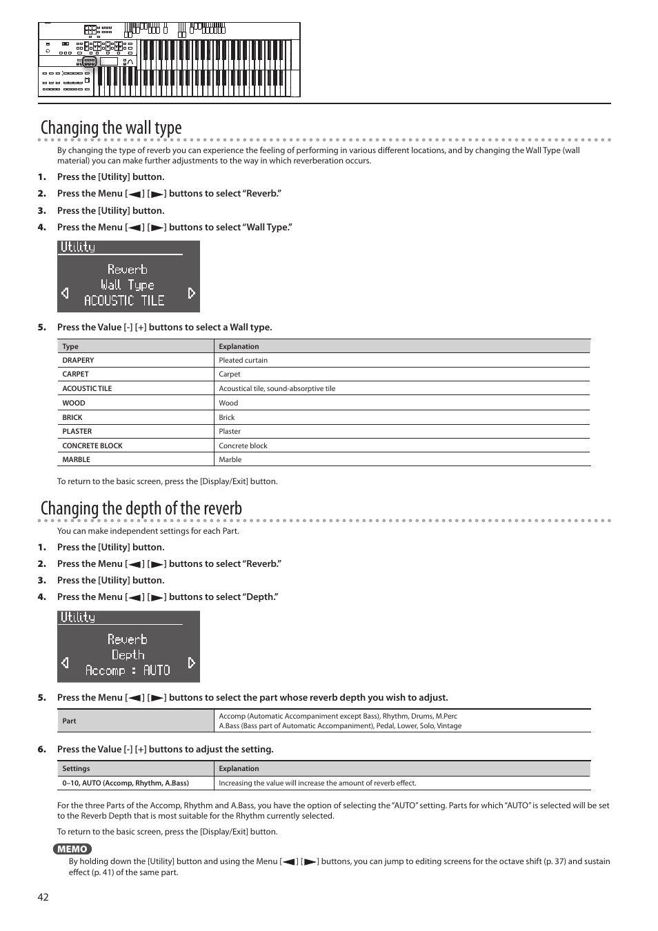 Changing the wall type, Changing the depth of the reverb | Roland ATELIER Combo AT-350C User Manual | Page 42 / 132