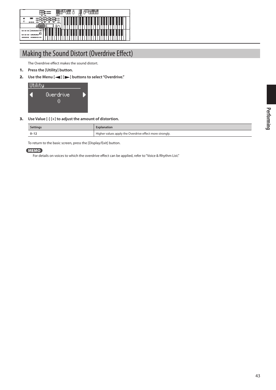 Making the sound distort (overdrive effect), Per forming | Roland ATELIER Combo AT-350C User Manual | Page 43 / 132