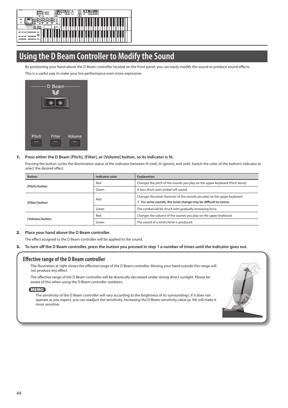 Eam (p. 44), Using the d beam controller to modify the sound, Effective range of the d beam controller | Roland ATELIER Combo AT-350C User Manual | Page 44 / 132