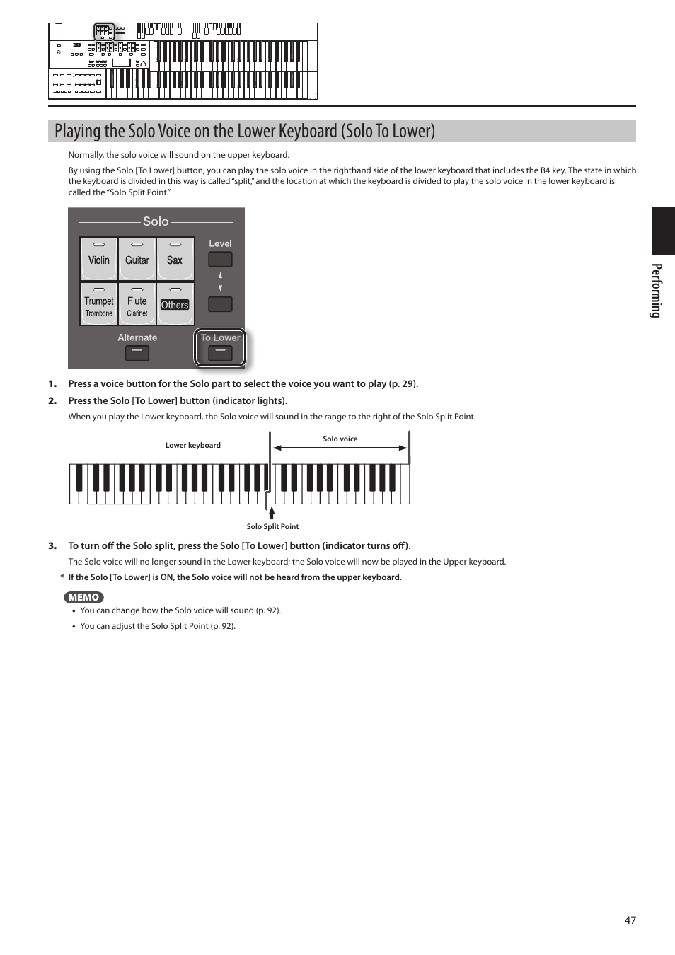On (p. 47), On (p. 47) so its indica, On (p. 47, p | P. 47), Per forming | Roland ATELIER Combo AT-350C User Manual | Page 47 / 132