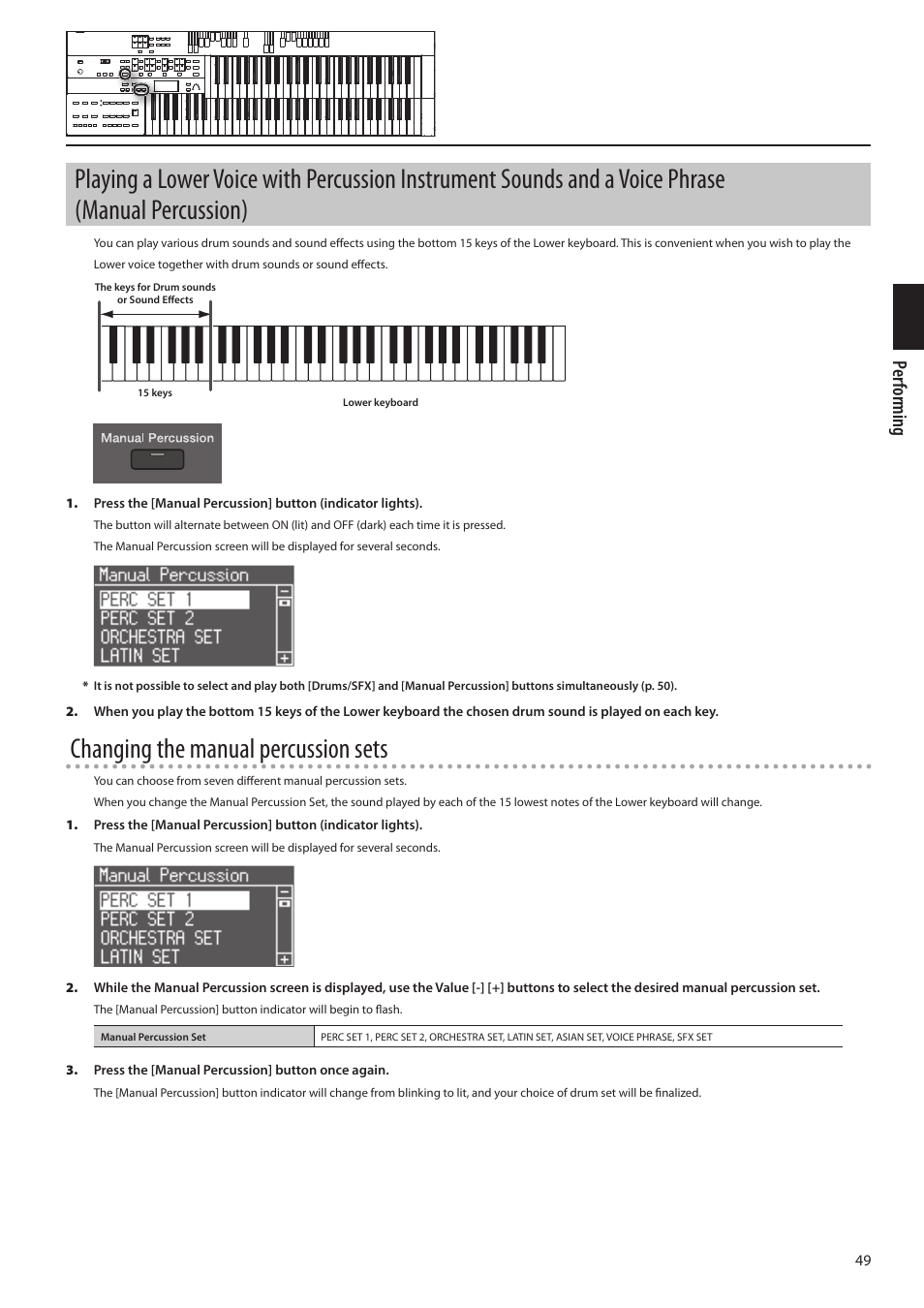 D (p. 49), Changing the manual percussion sets, Per forming | Roland ATELIER Combo AT-350C User Manual | Page 49 / 132