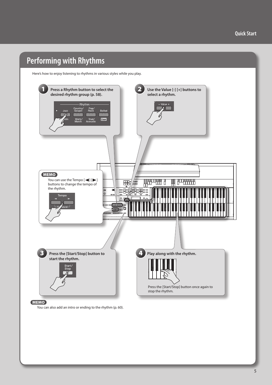 Performing with rhythms, Quick start | Roland ATELIER Combo AT-350C User Manual | Page 5 / 132
