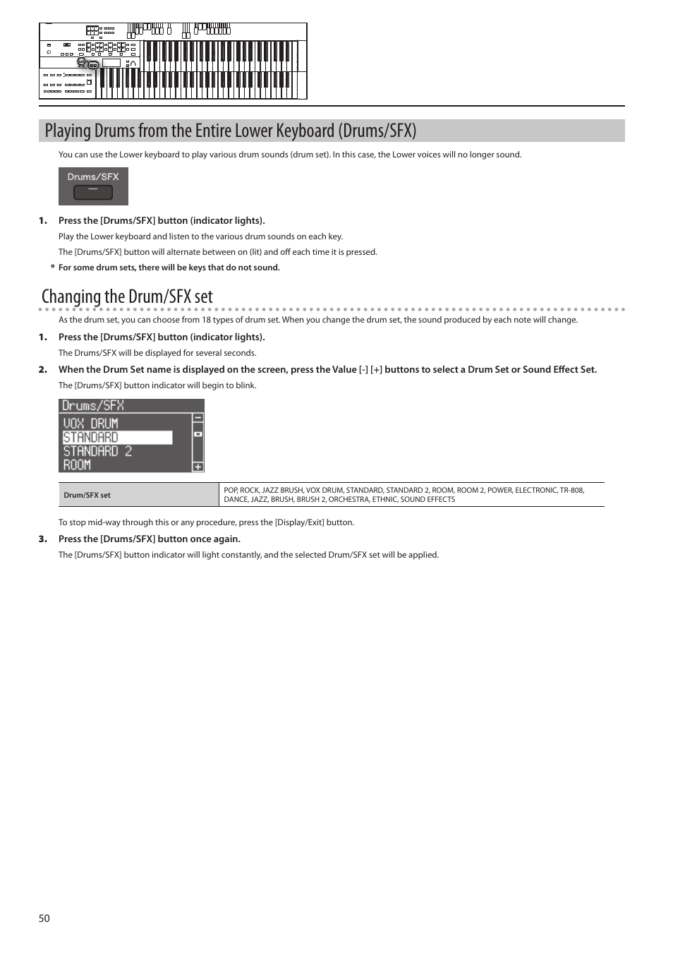 On (p. 50), Changing the drum/sfx set | Roland ATELIER Combo AT-350C User Manual | Page 50 / 132