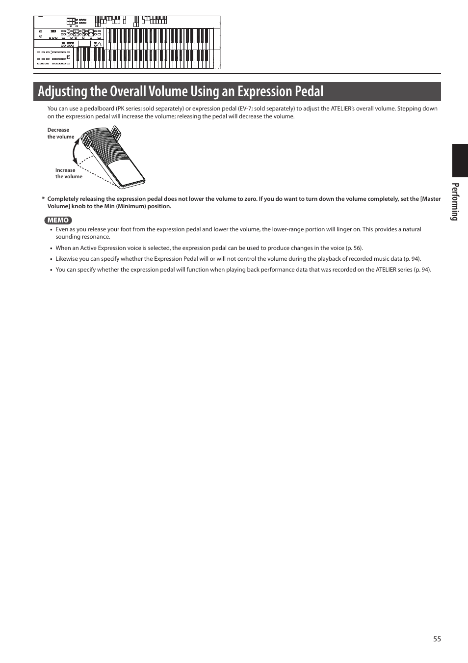 Olume (p. 55), Per forming | Roland ATELIER Combo AT-350C User Manual | Page 55 / 132