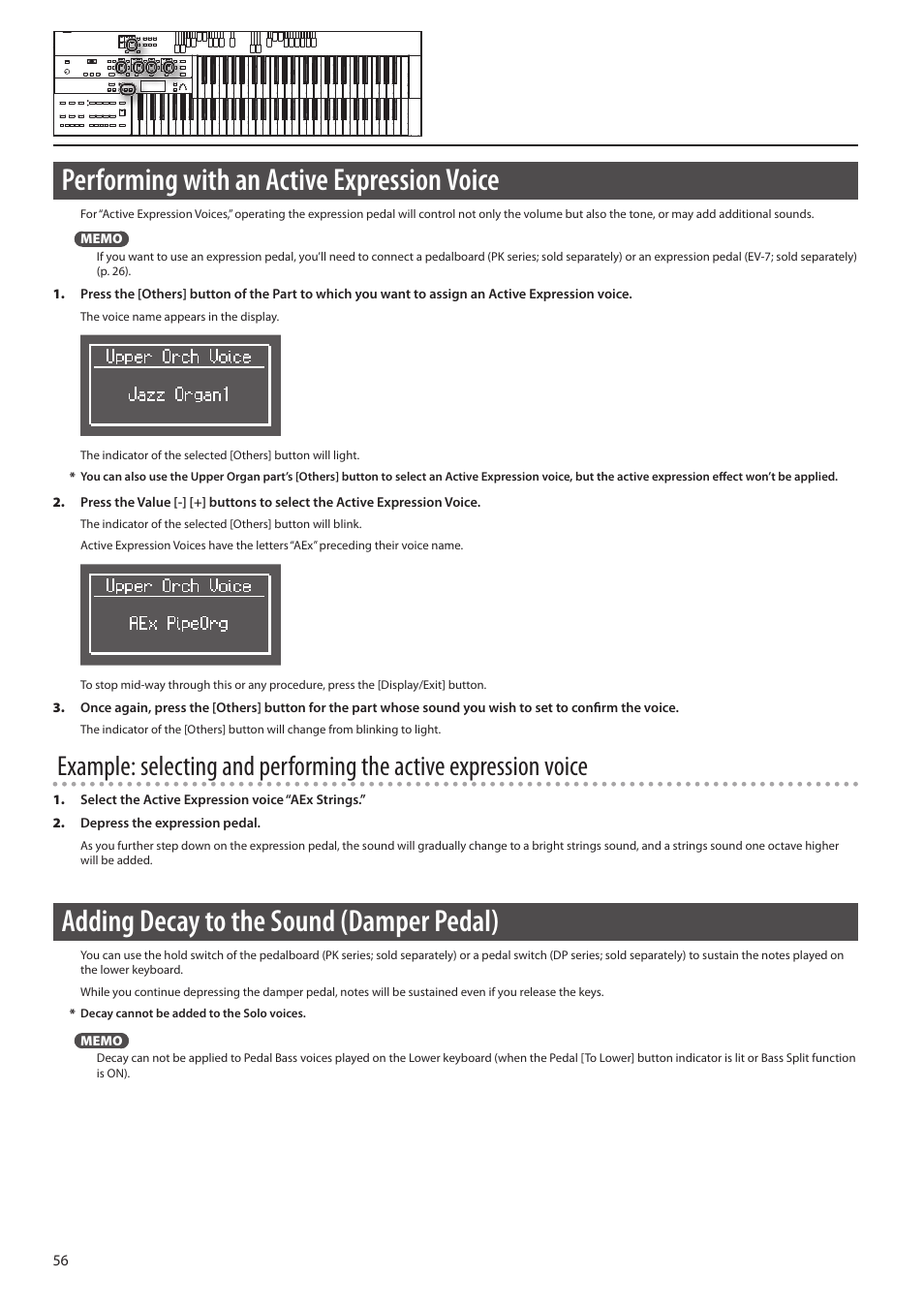 D (p. 56), Performing with an active expression voice, Adding decay to the sound (damper pedal) | Roland ATELIER Combo AT-350C User Manual | Page 56 / 132