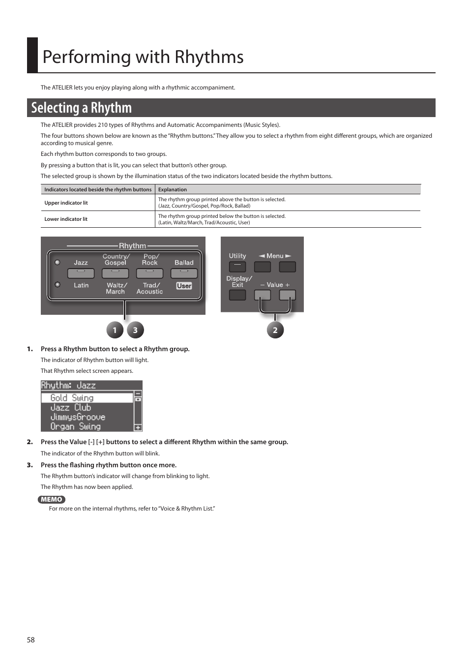 Ons (p. 58), Performing with rhythms, Selecting a rhythm | Roland ATELIER Combo AT-350C User Manual | Page 58 / 132