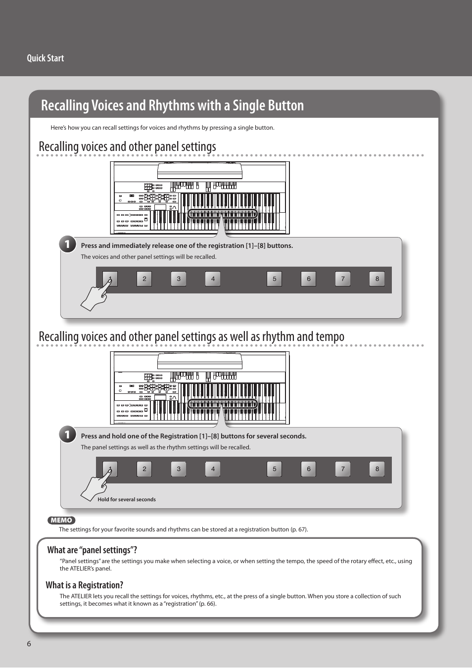 Recalling voices and rhythms with a single button, Recalling voices and other panel settings | Roland ATELIER Combo AT-350C User Manual | Page 6 / 132