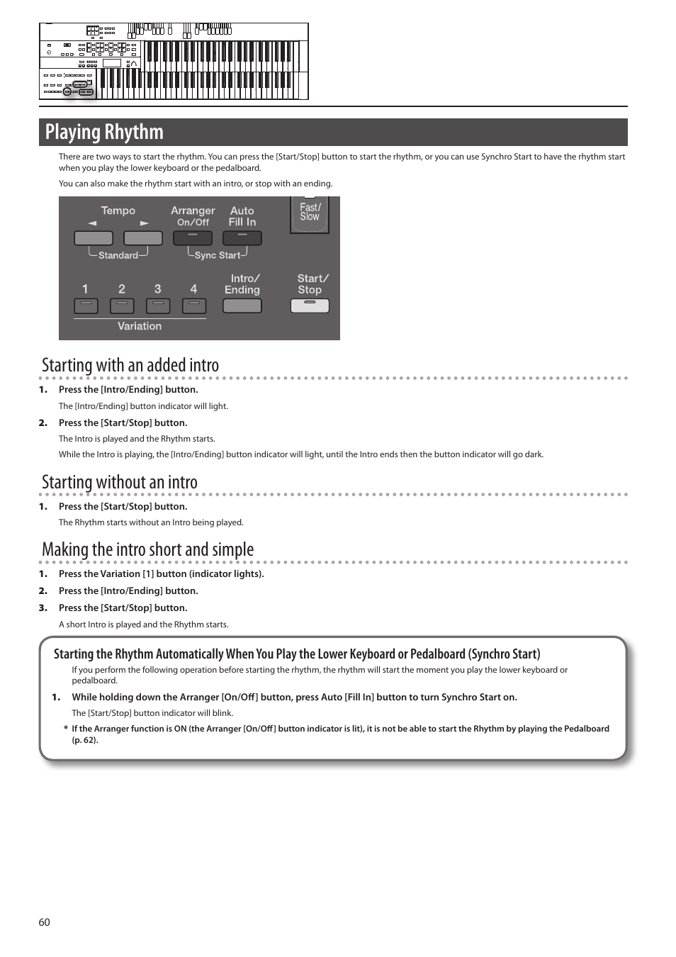On (p. 60), Playing rhythm, Starting with an added intro | Starting without an intro, Making the intro short and simple | Roland ATELIER Combo AT-350C User Manual | Page 60 / 132