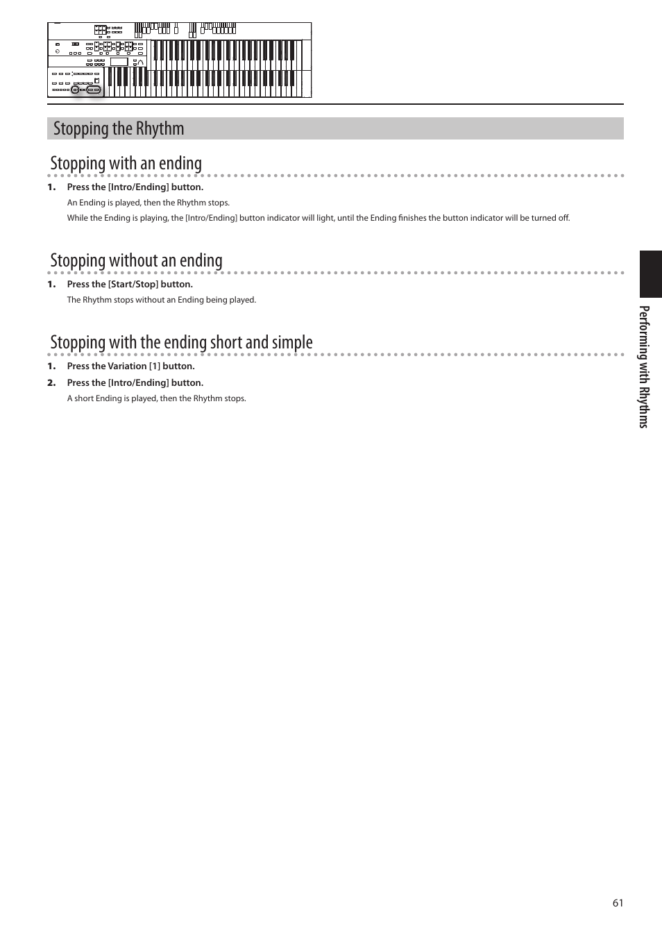 Stopping the rhythm stopping with an ending, Stopping without an ending, Stopping with the ending short and simple | Roland ATELIER Combo AT-350C User Manual | Page 61 / 132