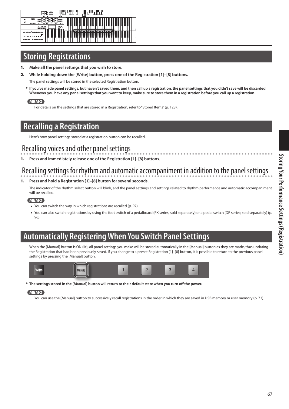 Ons (p. 67), Storing registrations, Recalling a registration | Recalling voices and other panel settings | Roland ATELIER Combo AT-350C User Manual | Page 67 / 132