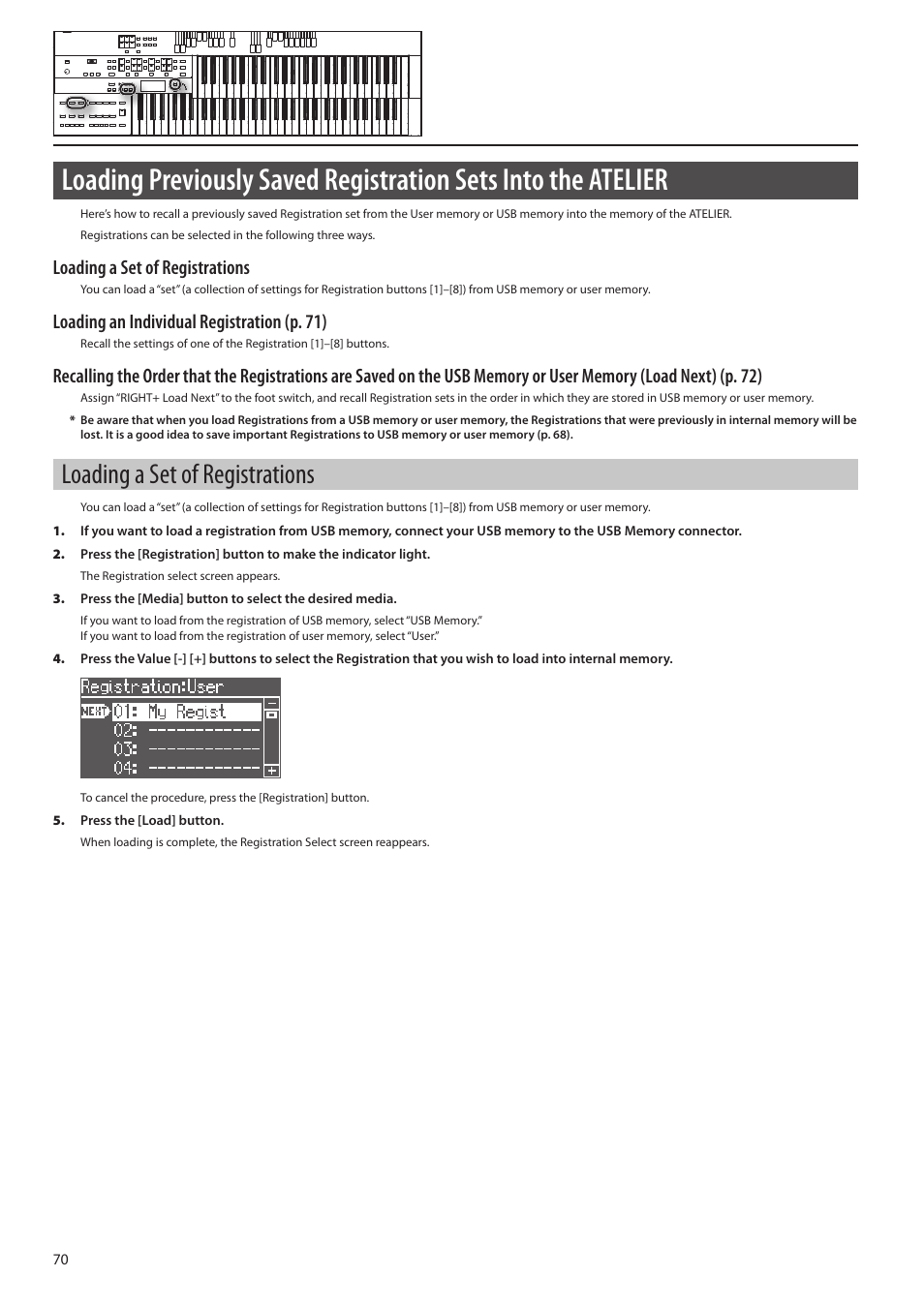 On (p. 70), Loading a set of registrations, Loading an individual registra tion (p. 71) | Roland ATELIER Combo AT-350C User Manual | Page 70 / 132