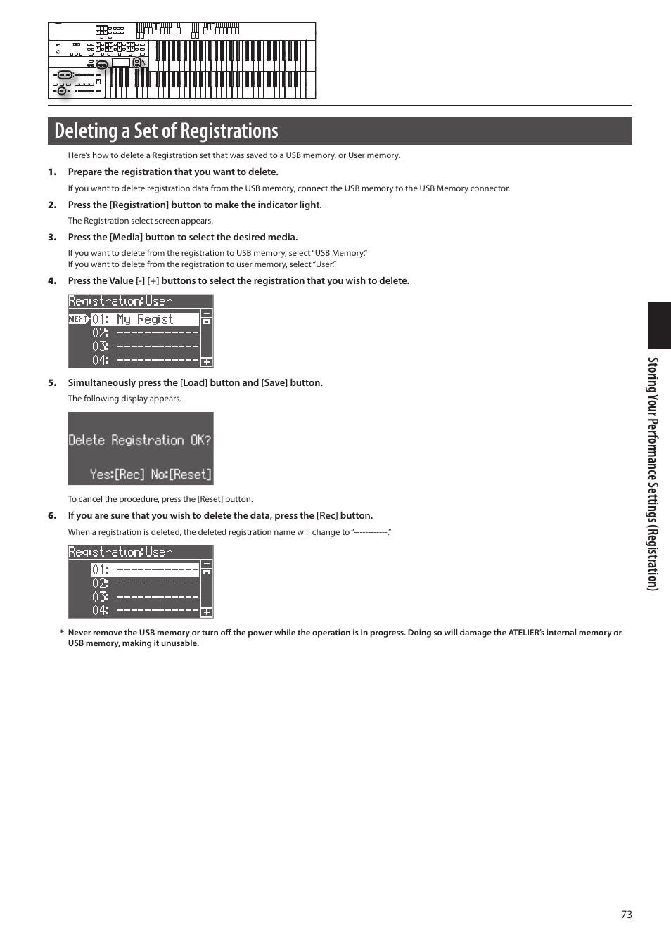 Deleting a set of registrations | Roland ATELIER Combo AT-350C User Manual | Page 73 / 132