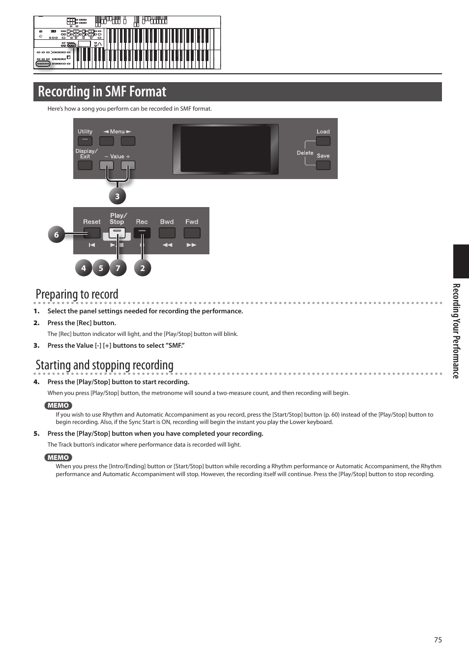 Recording in smf format, Preparing to record, Starting and stopping recording | Roland ATELIER Combo AT-350C User Manual | Page 75 / 132