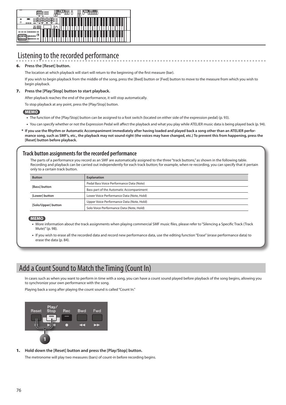 Listening to the recorded performance, Add a count sound to match the timing (count in) | Roland ATELIER Combo AT-350C User Manual | Page 76 / 132
