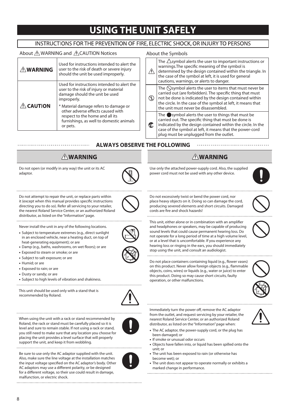 Always observe the following | Roland ATELIER Combo AT-350C User Manual | Page 8 / 132