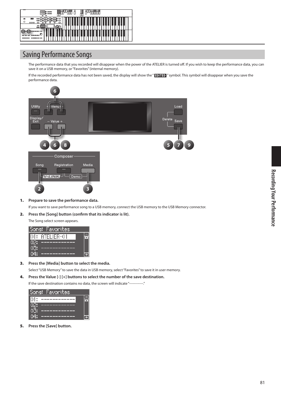 Saving performance songs, Rec or ding your p er formanc e | Roland ATELIER Combo AT-350C User Manual | Page 81 / 132