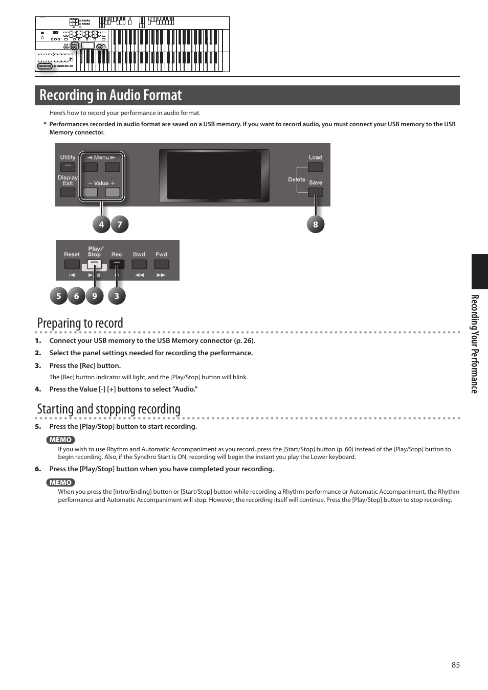 Recording in audio format, Preparing to record, Starting and stopping recording | Roland ATELIER Combo AT-350C User Manual | Page 85 / 132