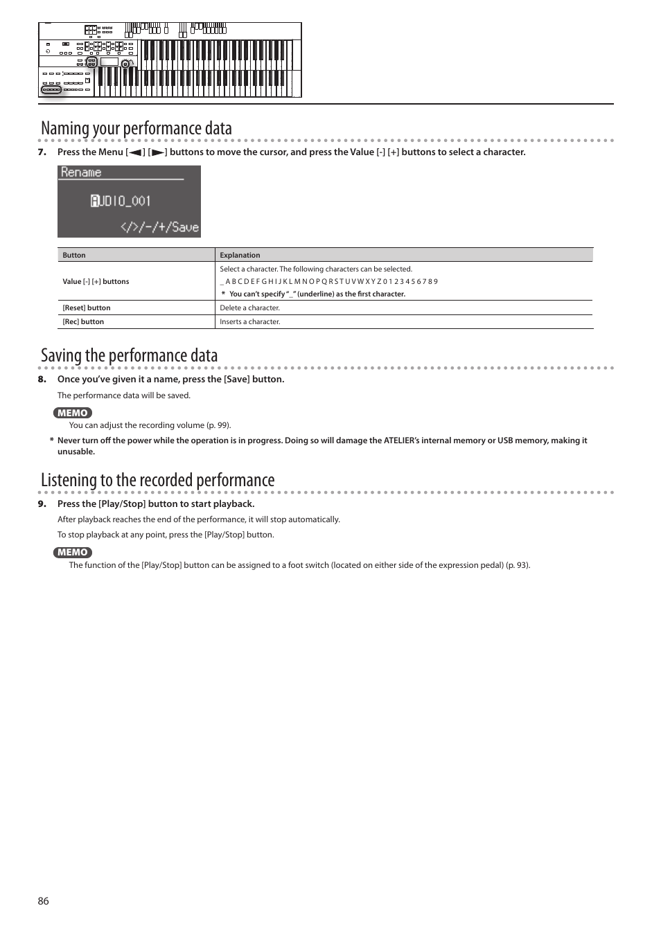 Naming your performance data, Saving the performance data, Listening to the recorded performance | Roland ATELIER Combo AT-350C User Manual | Page 86 / 132