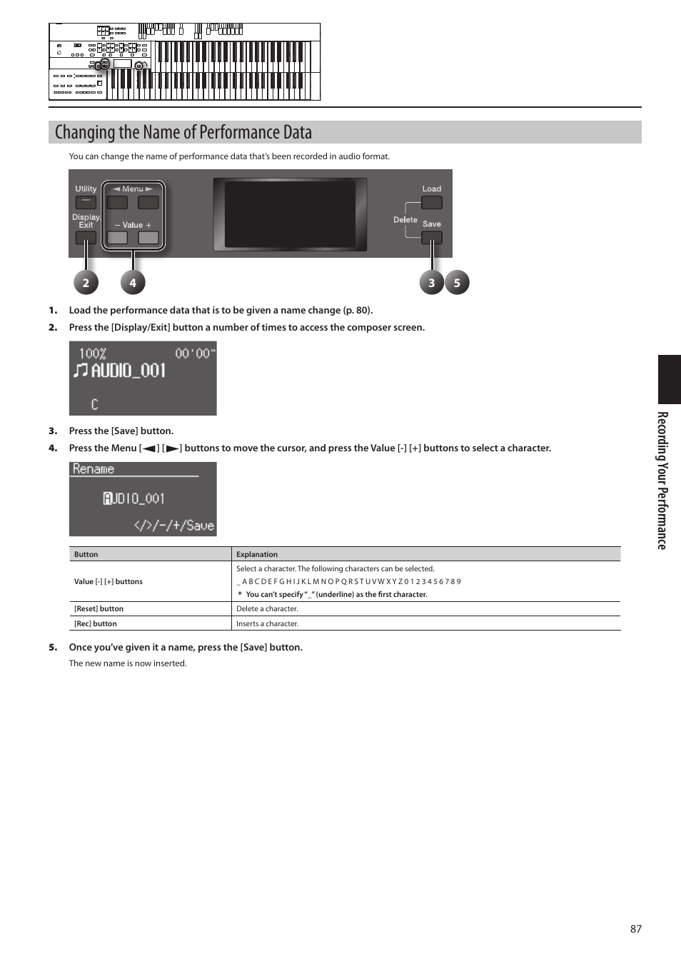 Changing the name of performance data, Rec or ding your p er formanc e | Roland ATELIER Combo AT-350C User Manual | Page 87 / 132