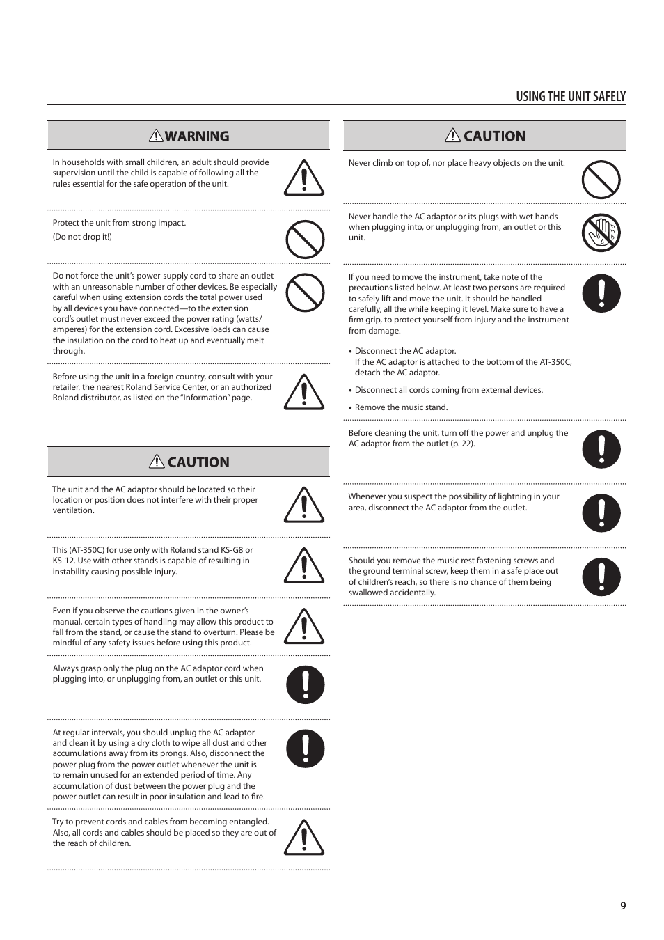 Using the unit safely | Roland ATELIER Combo AT-350C User Manual | Page 9 / 132