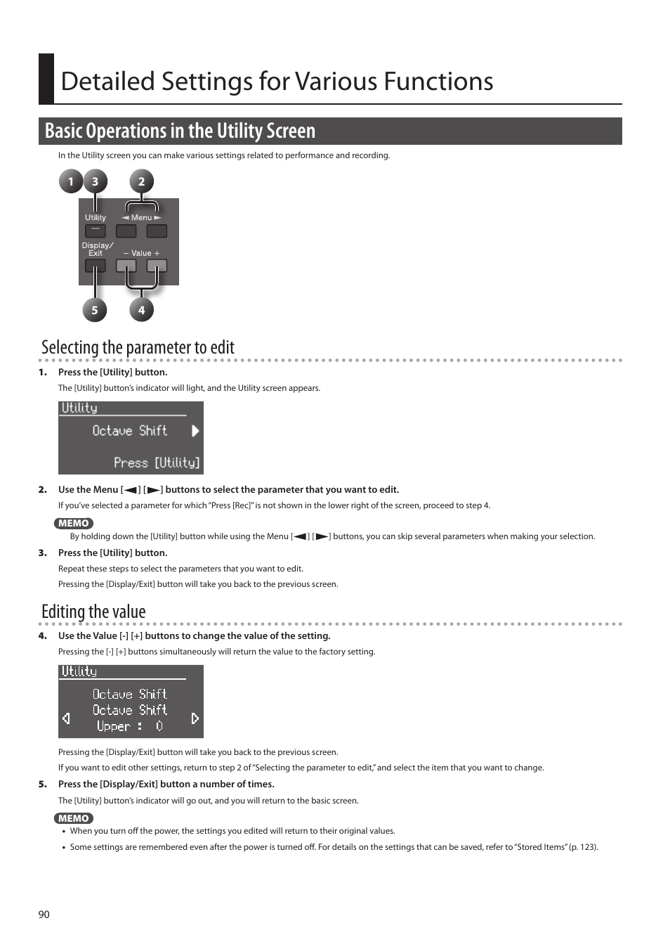 On (p. 90), Detailed settings for various functions, Basic operations in the utility screen | Selecting the parameter to edit, Editing the value | Roland ATELIER Combo AT-350C User Manual | Page 90 / 132