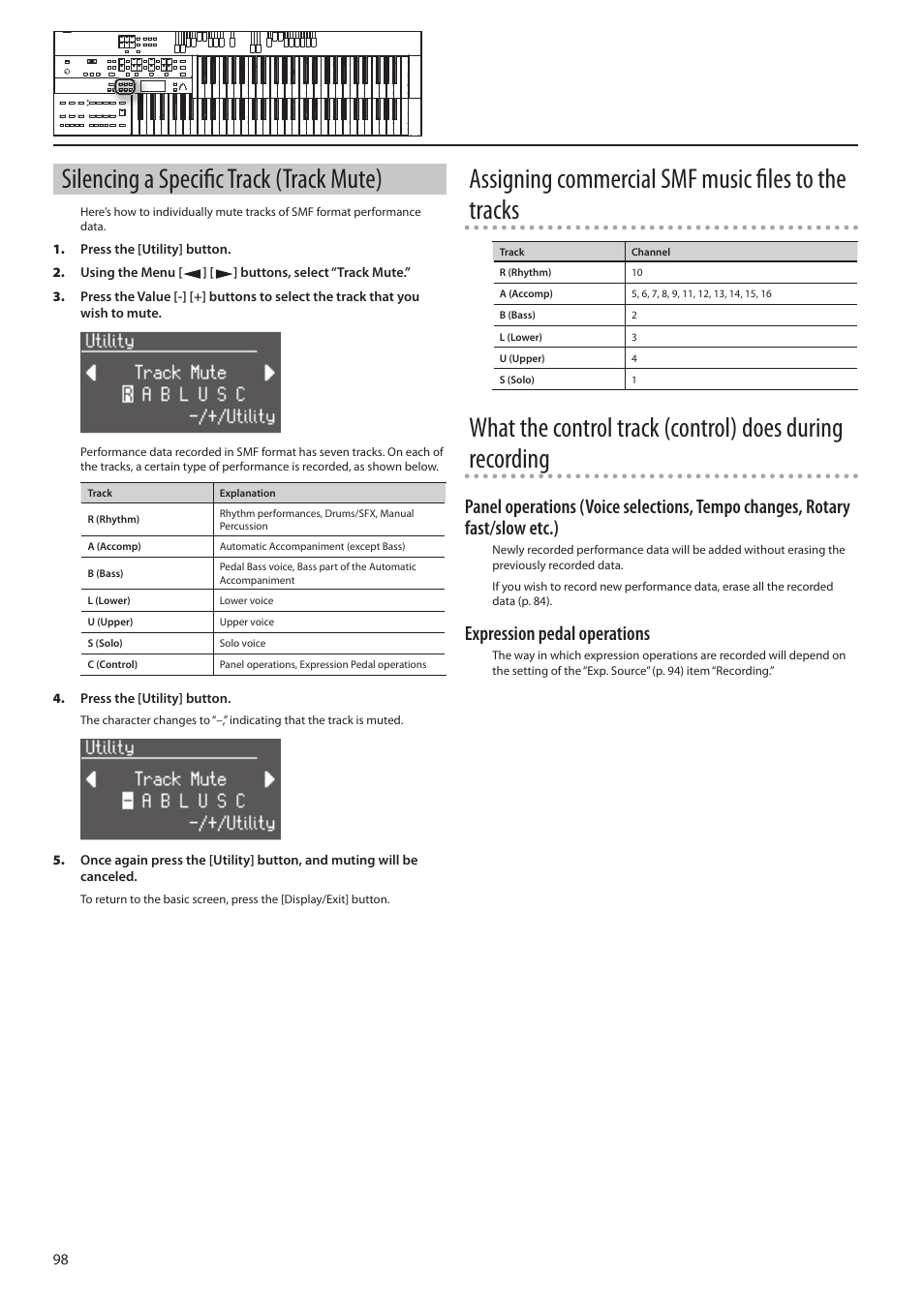 O “silencing a specific track (track, Mute)” (p. 98), P. 98 | Silencing a specific track (track mute), Assigning commercial smf music files to the tracks, Expression pedal operations | Roland ATELIER Combo AT-350C User Manual | Page 98 / 132