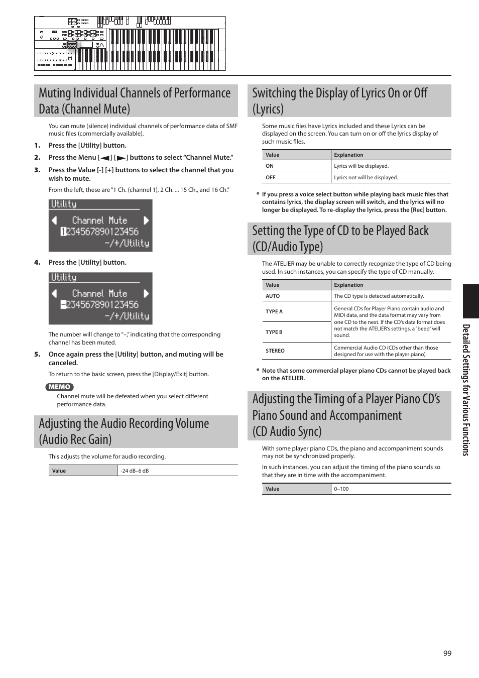 P. 99, Switching the display of lyrics on or off (lyrics), Detailed s ettings f or various f unc tions | Roland ATELIER Combo AT-350C User Manual | Page 99 / 132