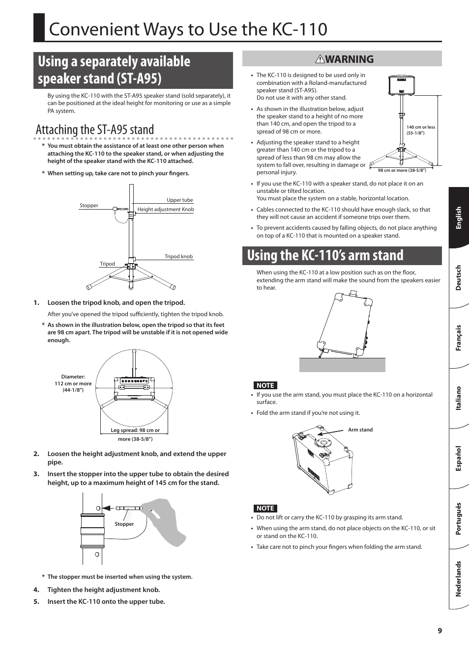 Convenient ways to use the kc-110, Using the kc-110’s arm stand, Wn arm stand (p. 9) | Attaching the st-a95 stand, Warning | Roland STEREO KEYBOARD AMPLIFIER KC-110 User Manual | Page 11 / 88