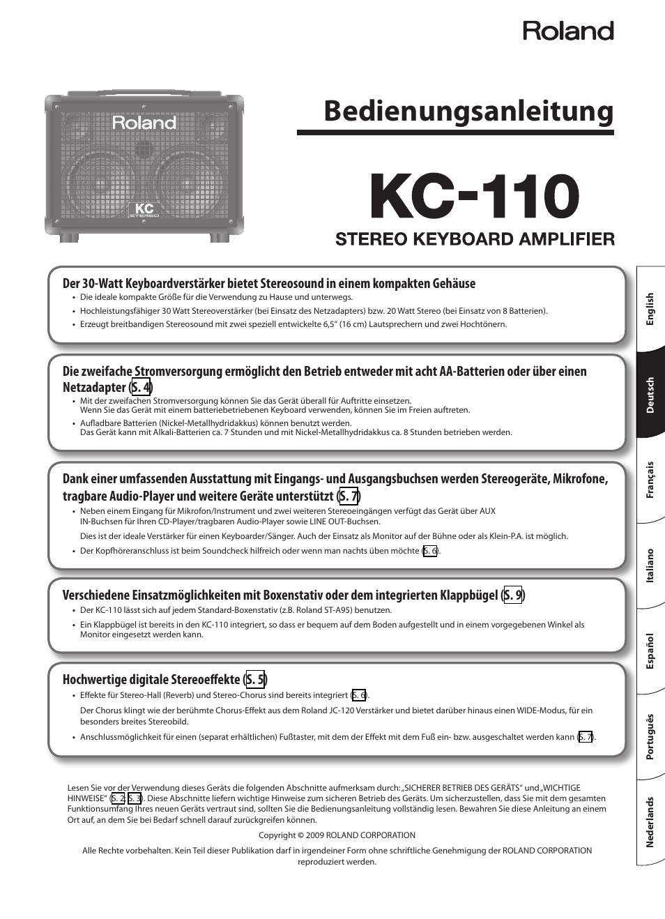 Deutsch, Bedienungsanleitung, Hochwertige digitale stereoeffekt e (s. 5) | Roland STEREO KEYBOARD AMPLIFIER KC-110 User Manual | Page 15 / 88