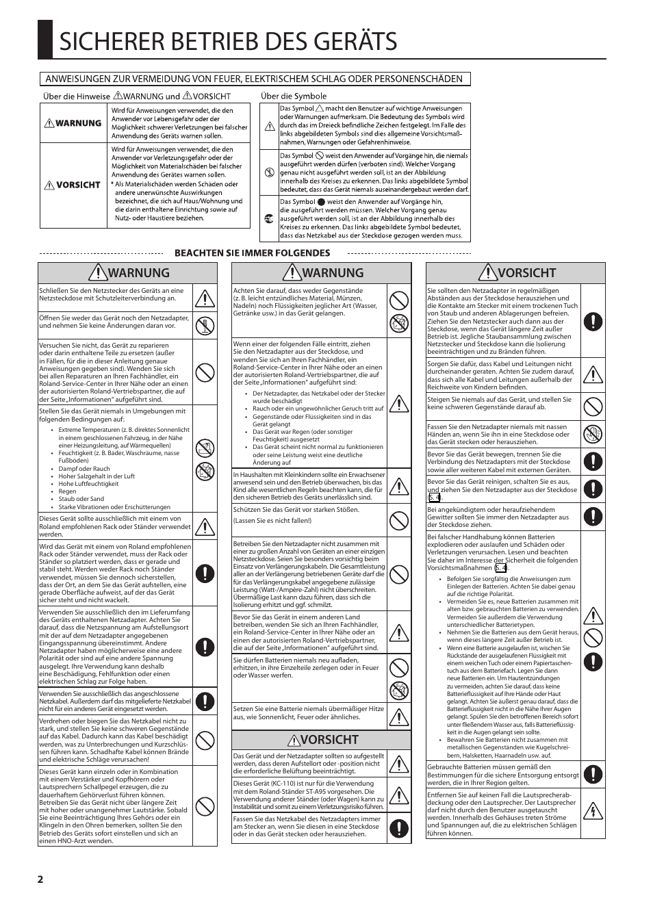 Sicherer betrieb des geräts, Warnung, Vorsicht | Roland STEREO KEYBOARD AMPLIFIER KC-110 User Manual | Page 16 / 88
