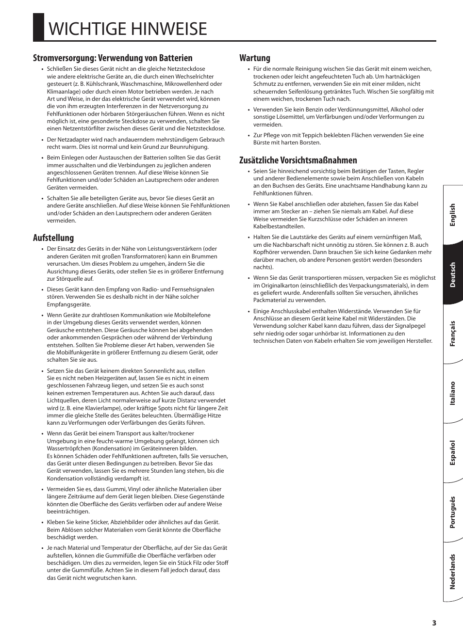 Wichtige hinweise, Stromversorgung: verwendung von batterien, Aufstellung | Wartung, Zusätzliche vorsichtsmaßnahmen | Roland STEREO KEYBOARD AMPLIFIER KC-110 User Manual | Page 17 / 88