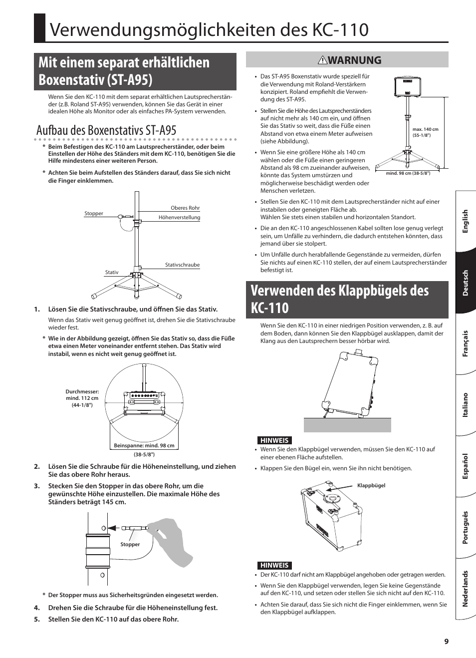 Verwendungsmöglichkeiten des kc-110, Verwenden des klappbügels des kc-110, Aufbau des boxenstativs st-a95 | Warnung | Roland STEREO KEYBOARD AMPLIFIER KC-110 User Manual | Page 23 / 88