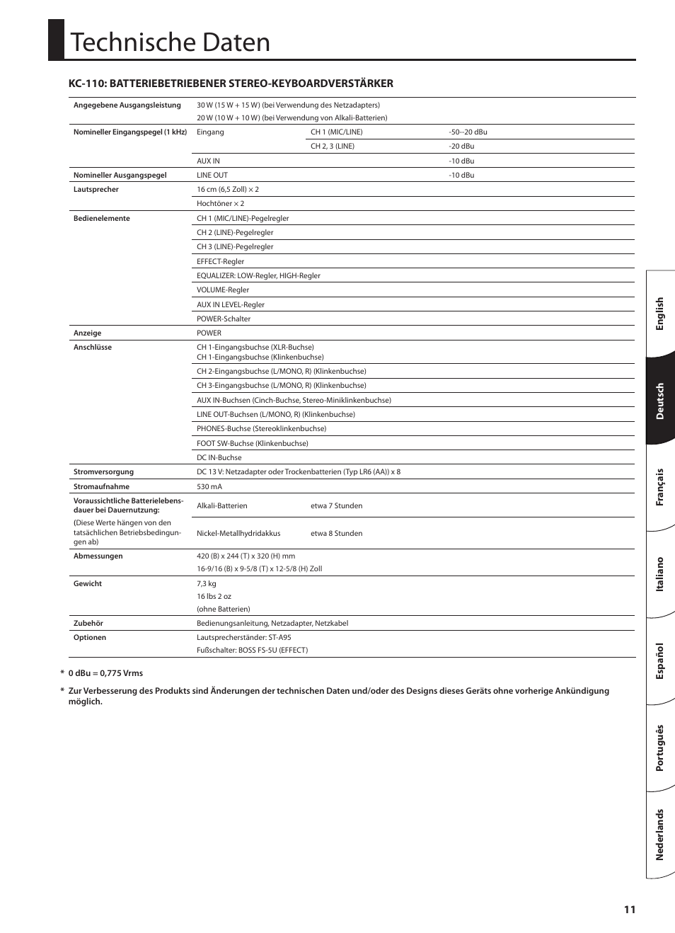 Technische daten | Roland STEREO KEYBOARD AMPLIFIER KC-110 User Manual | Page 25 / 88