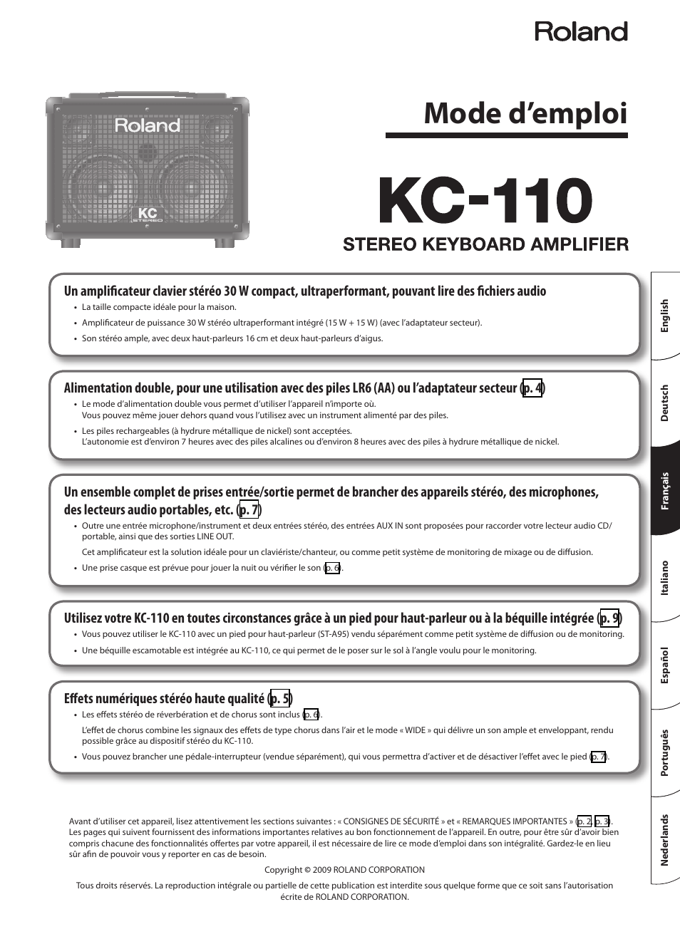 Français, Mode d’emploi, Effets numériques stéréo haute qualit é (p. 5) | Roland STEREO KEYBOARD AMPLIFIER KC-110 User Manual | Page 27 / 88