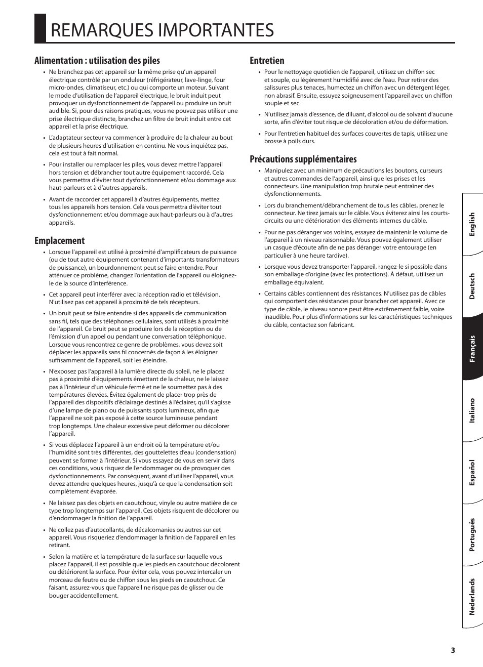 Remarques importantes, Alimentation : utilisation des piles, Emplacement | Entretien, Précautions supplémentaires | Roland STEREO KEYBOARD AMPLIFIER KC-110 User Manual | Page 29 / 88