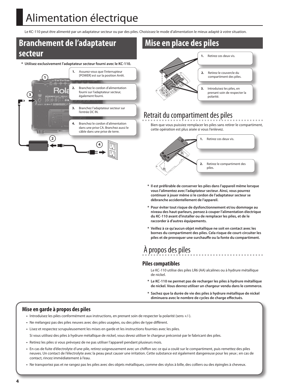 Alimentation électrique, Branchement de l’adaptateur secteur, Mise en place des piles | Retrait du compartiment des piles, À propos des piles, Piles compatibles, Mise en garde à propos des piles | Roland STEREO KEYBOARD AMPLIFIER KC-110 User Manual | Page 30 / 88