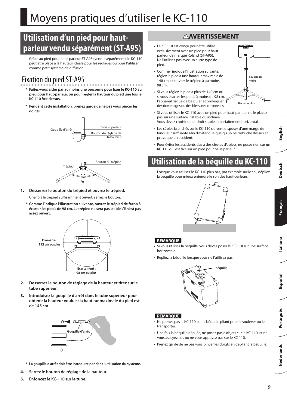 Moyens pratiques d’utiliser le kc-110, Utilisation de la béquille du kc-110, Fixation du pied st-a95 | Avertissement | Roland STEREO KEYBOARD AMPLIFIER KC-110 User Manual | Page 35 / 88